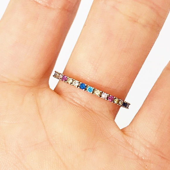 Sterling silver rainbow multi color lab gemstone eternity band sz 7.75 - Picture 1 of 8